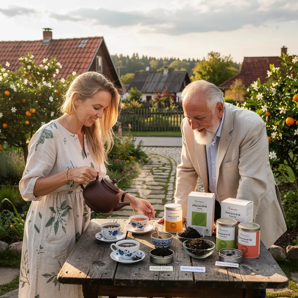 Saldus mandarino arbatos indelis, pabrėžiantis sveikatingumo naudą, su žaliosios arbatos lapais.
