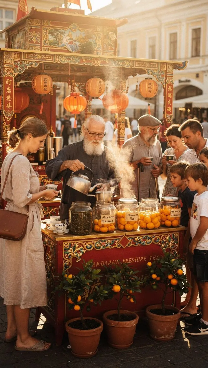 Mandarino arbatos puodelis, supakuotas šviežių citrusinių vaisių aromatų, simbolizuojantis sveikatą.