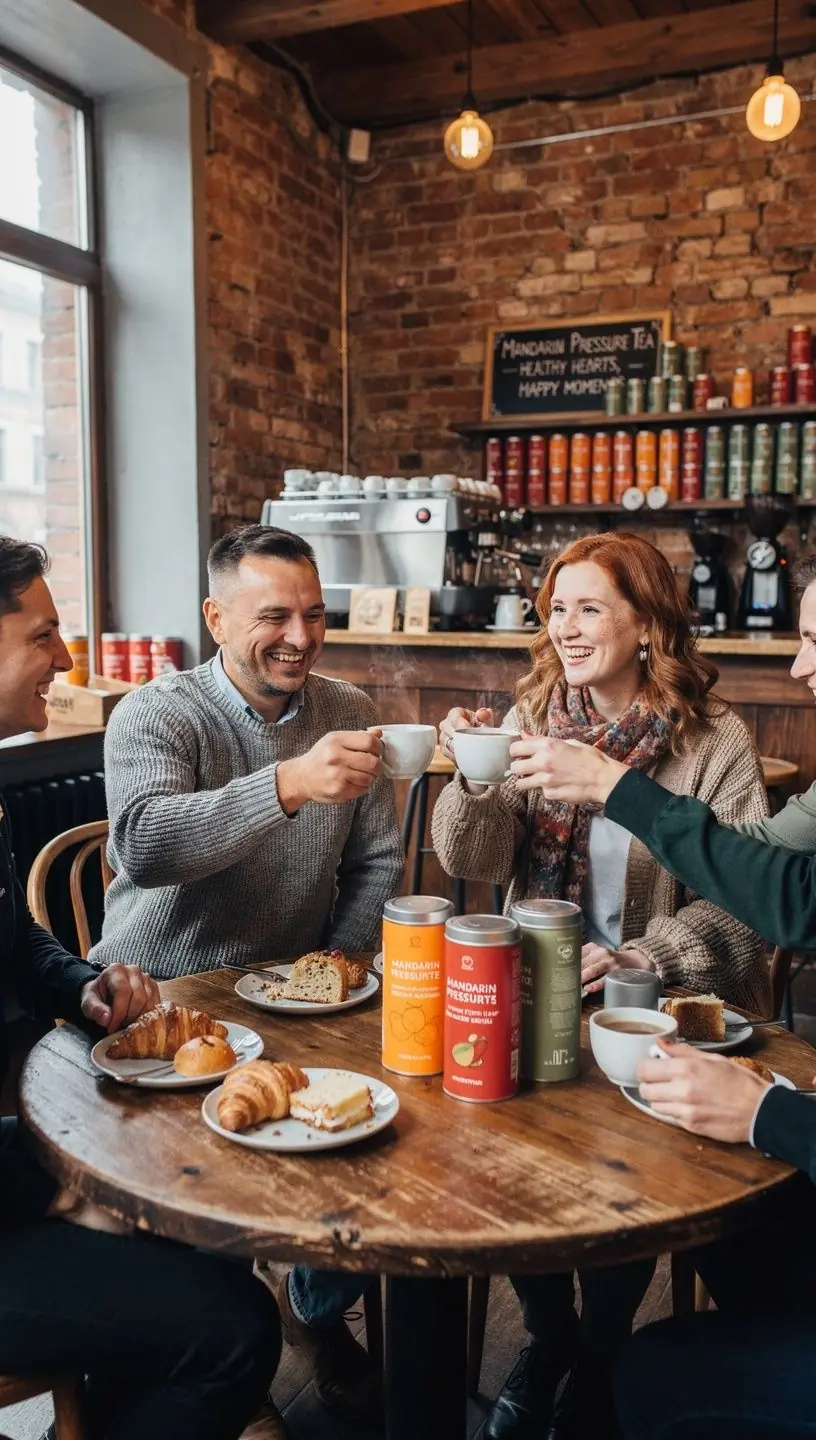 Mandarino arbatos puodelis, pilnas ryškios oranžinės spalvos, su citrusinių vaisių griežinėliais.