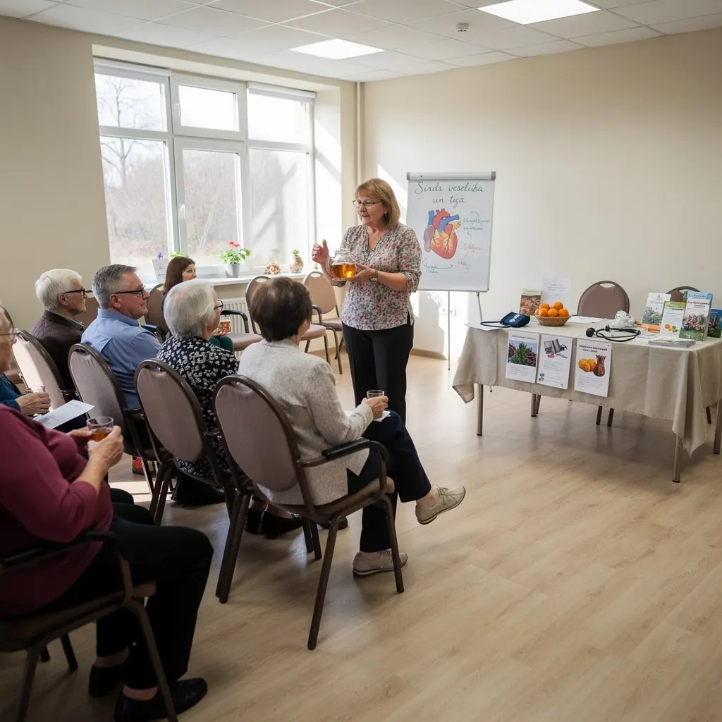 Mandarino arbatos puodelis su citrusinių vaisių griežinėliais, pateiktas šviežioje aplinkoje.